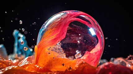 Beautiful soap bubble on black background. Close-up view