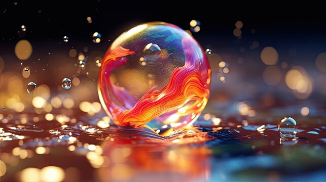 An abstract scene with water drops and crystal ball. 3d rendering
