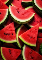 Heap of red fresh colorful watermelon slices, summer healthy food background.  Generative Ai.
