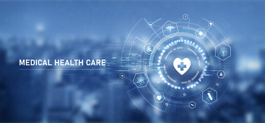 Healthcare and technology concept with flat icons and symbols. Template design for health care...