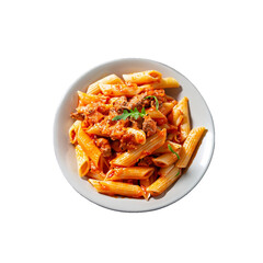 penne pasta in tomato sauce with meat isolated on white png 
