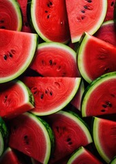 Heap of red fresh colorful watermelon slices, summer healthy food background.  Generative Ai.