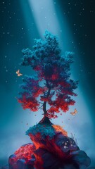 Creative illustration with night landscape with starry sky, moon light ,  tree  and butterflies.