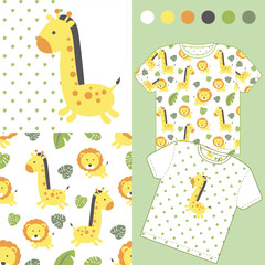 vector cute giraffe jungle animal, fashion design set for baby wear collection