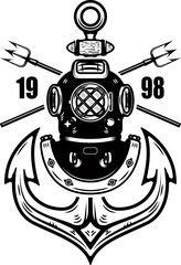 Vintage diver helmet with anchor and tridents. Nautical dive helmet with anchor. Sailor emblem. Design element