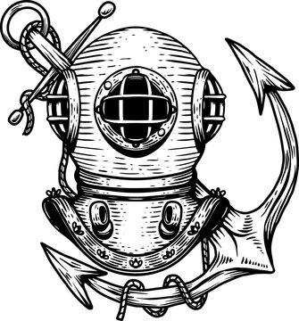Vintage diver helmet with anchor. Nautical dive helmet with anchor. Design element