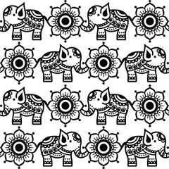 Indian  inspired vector seamless pattern with elephants and flowers in black and white, Mehndi tattoo style
