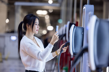 EV charging an electric car.Power supply for electric car charging. Socket for electric car battery...