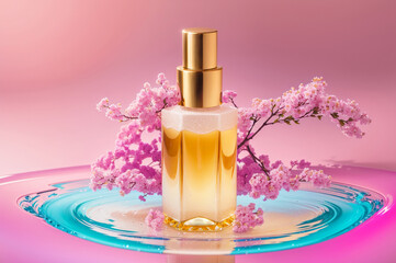 Obraz na płótnie Canvas 3D realistic skincare glass serum bottle with collagen on pink-yellow water décor background with flowers and water pool. Beauty blogging, salon treatment concept