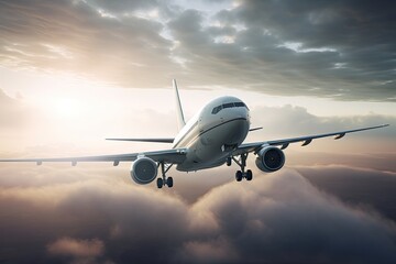 Fototapeta na wymiar Airplane Flying in the Blue Sky. Travel and Transportation Concept with Copy Space