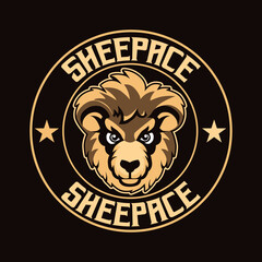 Illustration of the sheep, in brown and light brown colours, in the style of mascot logo, strong facial expression, with vintage badge