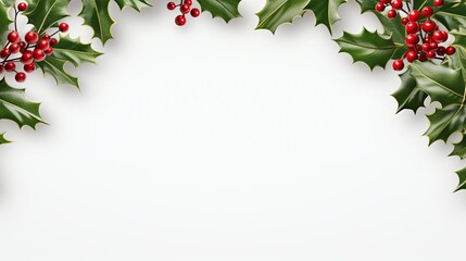 A close-up view of a simple christmas holly and berry wreath encircling a blank space, providing a classic and timeless frame for showcasing your text or design elements. Generative AI. 