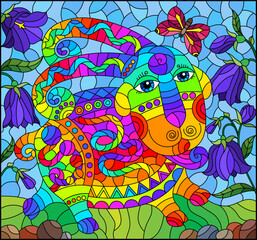 Obraz na płótnie Canvas An illustration in the style of a stained glass window with a cute cartoon sheep on the background of a meadow, bell flowers and a blue sky