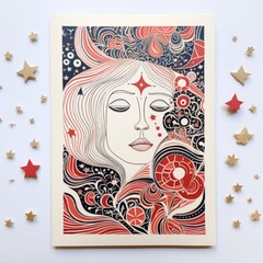a woman's face surrounded by stars on a card