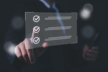 businessman checklist, correct mark for document approval, project acceptance and quality assurance concept, assessed, questionnaire, evaluation, online survey,	

