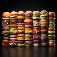 a towering stack of delicious hamburgers