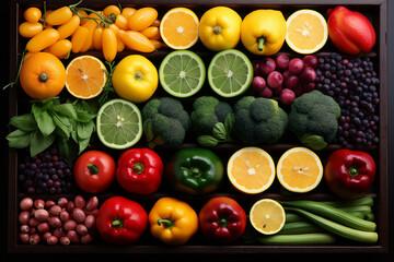 fruits and vegetables, broccoli, orange and a mix of other foods in a box