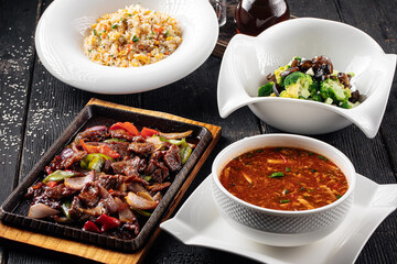 Closeup on asian lunch set on black background