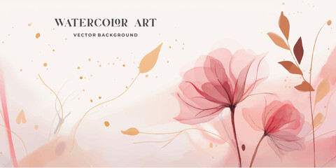 Abstract art botanical pink background vector. Luxury wallpaper with pink and earth tone watercolor, leaf, flower, tree and gold glitter. Minimal Design for text, packaging, prints, wall decoration.