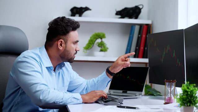 Indian trader got shocked due to sudden crash stock market while trading on monitor at office - concept of financial risk, bad news and recession