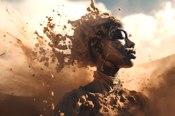 Fashion surreal Concept. Closeup portrait of stunning beautiful woman girl surround dissolve with swirling flowing flying sand. illuminated with dynamic composition and dramatic lighting.