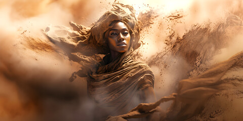 Fashion surreal Concept. Closeup portrait of stunning beautiful woman girl surround dissolve with swirling flowing flying sand. illuminated with dynamic composition and dramatic lighting.