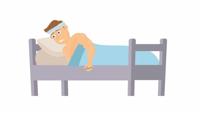 Sick person. Animation of a patient with a high temperature and a thermometer, alpha channel. Cartoon