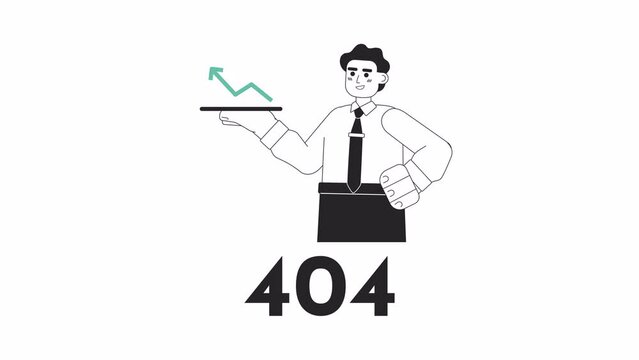 Financial advisor with rising arrow bw error 404 animation. Stock trading graph error message gif, motion graphic. Insurance agent animated character outline 4K video isolated on white background