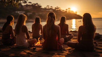 Foto op Canvas Group meditation and yoga classes on the beach created with generative AI technology © Neuroshock