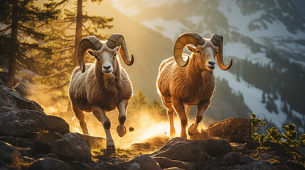 Two rams in the mountains created with generative AI technology - obrazy, fototapety, plakaty