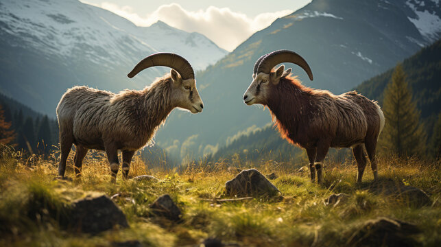 Two rams in the mountains created with generative AI technology