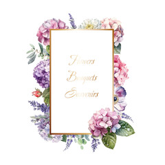 Summer Vintage Floral Greeting Card with Blooming Hydrangea and garden flowers.