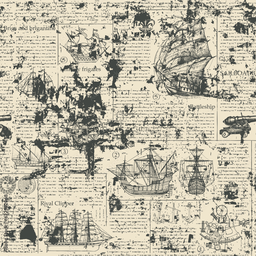 Poster seamless vector pattern background with drawings on the theme of sailing ships and sea travel and ad