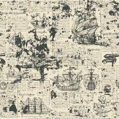 seamless vector pattern background with drawings on the theme of sailing ships and sea travel and adventure. magazine or newspaper page. suitable for wallpaper, wrapping paper. Grunge texture