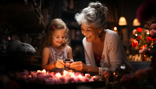 Happy  grandmother and her grandchild decorating house together. Family, togetherness and quality time. Beautiful scene horizontal image.