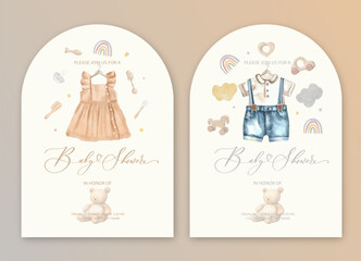 Cute baby shower watercolor invitation card for baby and kids new born celebration with baby dress and toys.
