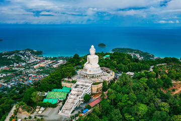 Beautiful Phuket white Big Buddha statue. Aerial view of Big Buddha viewpoint at sunrise in Phuket province, Thailand.