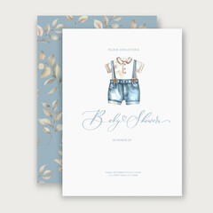Cute baby shower watercolor invitation card for baby and kids new born celebration with baby clothes.