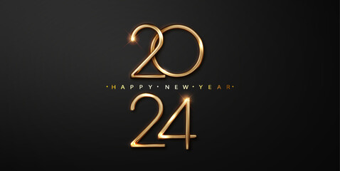 2024 golden number on black background. Greeting New year design with realistic gold metal number of year.