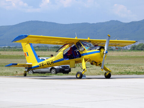 BRAȘOV, ROMANIA – JUNE 11, 2023: The PZL-104 Wilga 35A multipurpose and sports aircraft on display during the Open Days event hosted at the newly inaugurated Brașov-Ghimbav International Airport. 