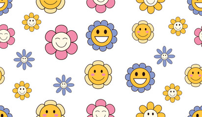 Groovy flowers seamless pattern. Simple flower silhouette. Retro vintage style, hand drawn decorative elements. A set of vector vintage flowers. 70s style. Hippie style design, power flower