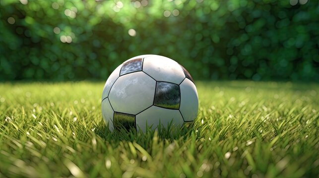 Soccer ball on green grass background. 3d render image