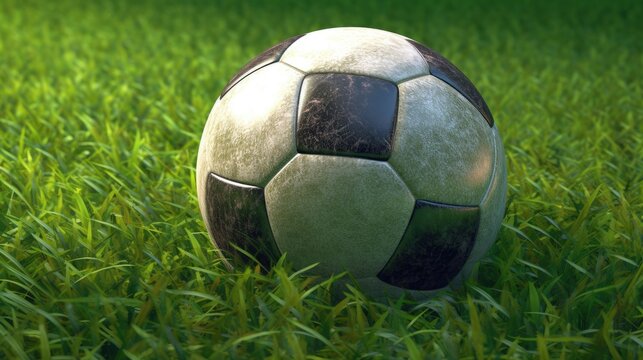 Soccer ball on green grass with bokeh background, football field