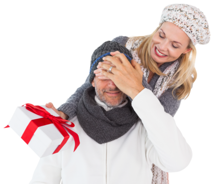 Digital png photo of happy caucasian couple woman in winter hat on transparent background
