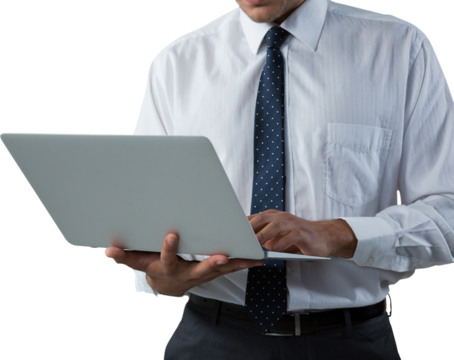 Digital png photo of mid section of hispanic businessman using laptop on transparent background - Powered by Adobe