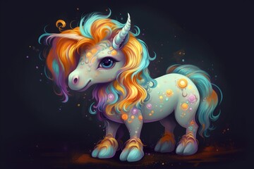 Obraz na płótnie Canvas Cute unicorn with a long colorful mane on a dark background. Generative AI