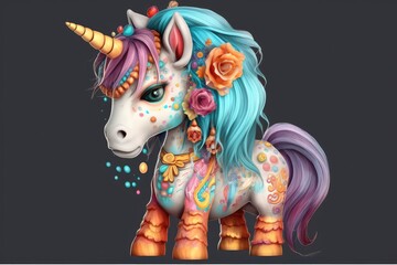 Cute unicorn with a long colorful mane on a dark background. Generative AI