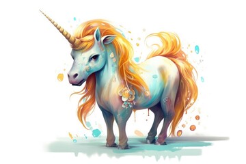 Naklejka na ściany i meble Cute unicorn with a long colorful mane on a colorful background. Generative AI