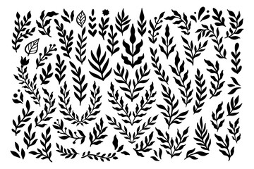 Monochrome Floral Symmetrical Silhouette Set. Abstract Botany Collection with Branches, Laurel Wreath. Vector Illustration Isolated on white background. Linocut Folk Art Print for Logo, Wedding Invite