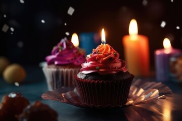 Obraz na płótnie Canvas Birthday cupcake with candle and decoration. Generative AI